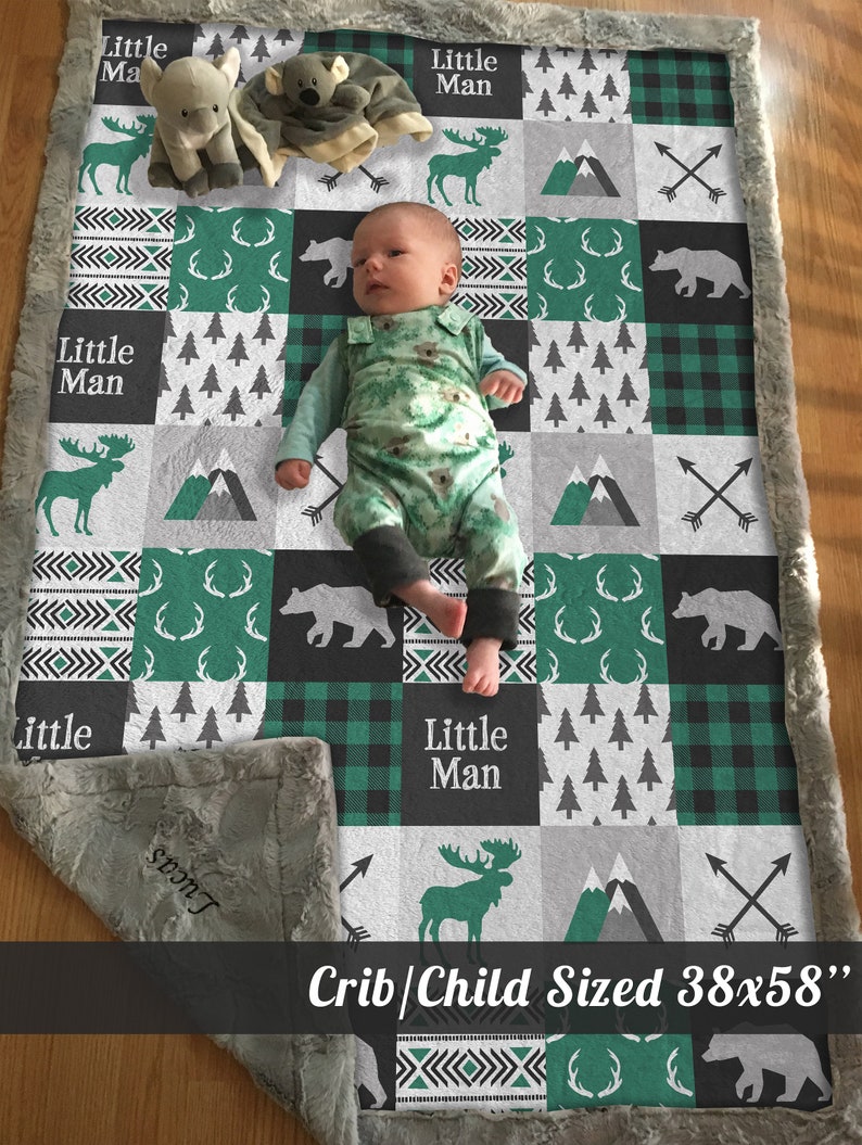 Minky Blanket Woodland Patchwork Bear Moose Green, Black Baby Shower Gift Nursery Decor Baby to Adult size image 7