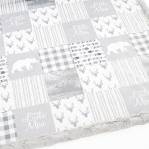 Minky Blanket Woodland Patchwork Bear Gray Baby Shower Gift Nursery Decor Baby to Adult sizes Baby 28x38