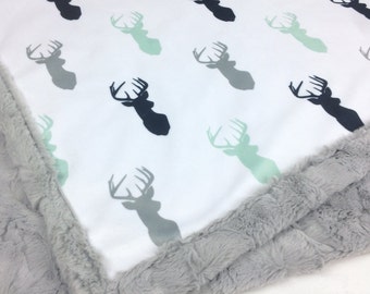 Minky Blanket | Buck Heads | Mint Navy Gray | Add an Embroidered Name | 6 sizes: baby, kid, teen, adult