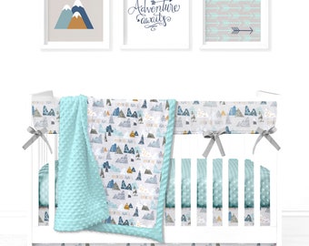 Mountains Crib Set |  Adventure Awaits Mountain Nursery Crib Bedding | Neutral Mountain Nursery Decor | Crib Skirt Crib Sheet | Custom Print