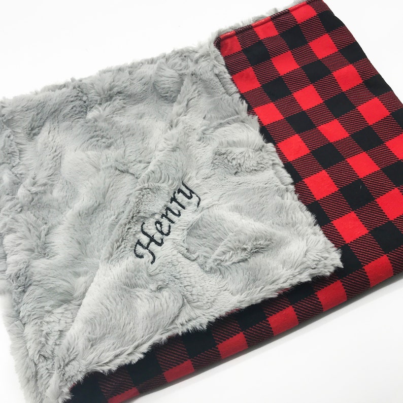 Plaid Minky Blanket Red Buffalo Plaid Baby Blanket Woodland Nursery Decor Boy Personalized Baby Gift Minky Add Embroidered Name image 2