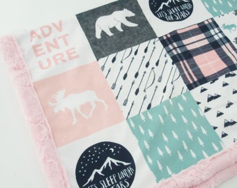 Moose & Bear Minky Blanket | Bear Baby Blanket for Girl | Moose Nursery | ADVENTURE Patchwork | "sleep under the stars" |Baby Girl Gift Pink