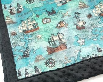 Minky Pirate Map Blanket: Soft Baby, Kid, Teen, Adult Sizes, Embroidered Name Option