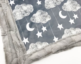 Minky Blanket | Moon Stars Clouds | Gray | 6 sizes: baby, kid, teen, adult