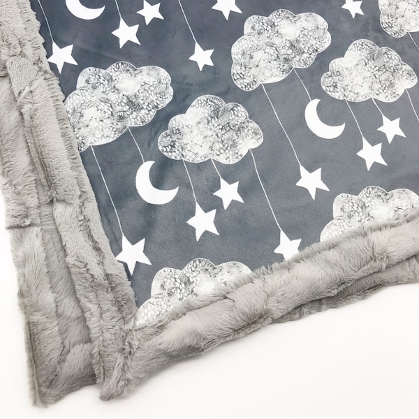 Manta Minky / Luna, estrellas, nubes / Gris / 6 tamaños: bebé, niño, adolescente, adulto
