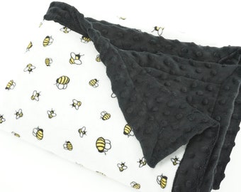 Bumblebees Baby Minky Blanket, Bee Neutral Baby Shower Gift, Bee Nursery Theme, Black and Yellow Nursery, Ready to Ship