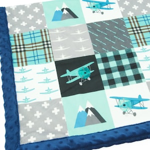 Personalized Airplane Minky Blanket | Airplane Baby Blanket | Airplane Themed Nursery Decor | Patchwork Minky | Baby Boy Gift with Name