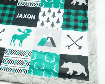 Minky Blanket | Woodland Patchwork | Bear Moose | Green, Black Baby Shower Gift | Nursery Decor| Baby to Adult size