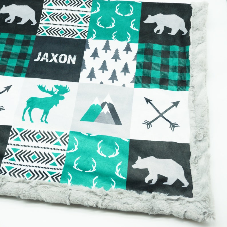 Minky Blanket Woodland Patchwork Bear Moose Green, Black Baby Shower Gift Nursery Decor Baby to Adult size image 1