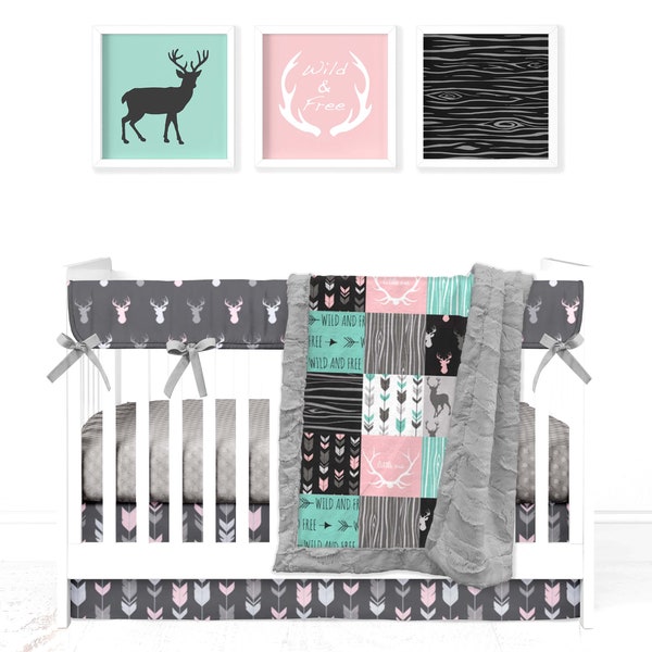 Custom Minky Crib Set: Woodland Patchwork with deer and antlers in pink & mint "little one" (choice of 8 pieces)