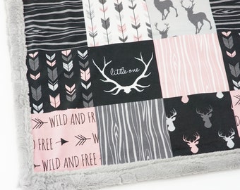 Woodland Patchwork Minky Blanket | WILD & FREE | Deer + Antlers | Pink, Gray | "little one" | 6 sizes, baby, kid, teen, adult