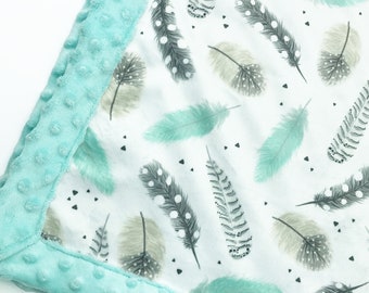 Minky Blanket | Feathers | Mint | Add an Embroidered Name | 6 sizes: baby, kid, teen, adult