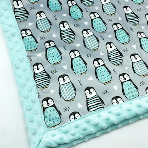 Minky Decke | Pinguine | Blau | 6 Größen: Baby, Kind, Teenager, Erwachsener