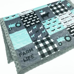Minky Blanket FARM LIFE Patchwork Blue & Gray Add an Embroidered Name 6 sizes: baby, kid, teen, adult Baby 28x38