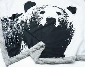 Minky Blanket | Black Bear | Black & White | Add an Embroidered Name | 6 sizes: baby, kid, teen, adult