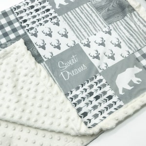 Minky Blanket Woodland Patchwork Bear Gray Baby Shower Gift Nursery Decor Baby to Adult sizes image 4