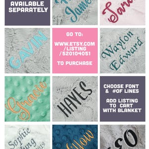 May include: A collage of nine images showing different personalized blankets with various names embroidered in different colors and fonts. The text "GO TO: WWW.ETSY.COM /LISTING /520104051 TO PURCHASE" is displayed on a pink background. The text "CHOOSE FONT & #OF LINES ADD LISTING TO CART WITH BLANKET" is displayed on a purple background.