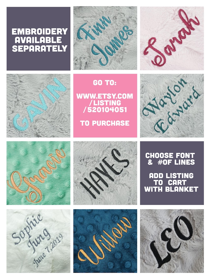 May include: A collage of nine images showing different personalized blankets with various names embroidered in different colors and fonts. The text "GO TO: WWW.ETSY.COM /LISTING /520104051 TO PURCHASE" is displayed on a pink background. The text "CHOOSE FONT & #OF LINES ADD LISTING TO CART WITH BLANKET" is displayed on a purple background.