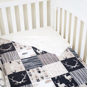 Custom Minky Crib Set: Woodland Patchwork with Deer, Antlers, Bear, in Tan & Black Choice of 8 Pieces image 8