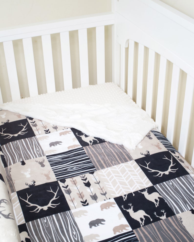 Custom Minky Crib Set: Woodland Patchwork with Deer, Antlers, Bear, in Tan & Black Choice of 8 Pieces image 8