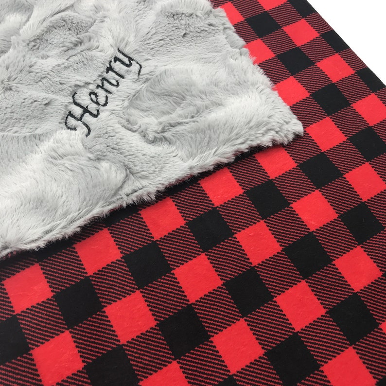 Plaid Minky Blanket Red Buffalo Plaid Baby Blanket Woodland Nursery Decor Boy Personalized Baby Gift Minky Add Embroidered Name image 1