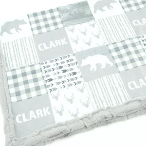 Minky Blanket Woodland Patchwork Bear Gray Baby Shower Gift Nursery Decor Baby to Adult sizes image 2