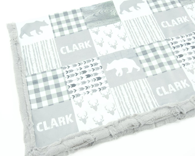 Minky Blanket Woodland Patchwork Bear Gray Baby Shower Gift Nursery Decor Baby to Adult sizes image 2