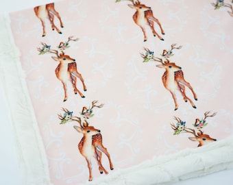 Minky Blanket | Fawn with Floral Antlers | Pink | Add an Embroidered Name | 6 sizes: baby, kid, teen, adult