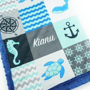 Personalized Minky Baby Blanket, Nautical Minky Patchwork, Whale, Turtle, seahorse, Ocean Baby Boy Shower Gift, baby to adult sizes