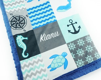 Personalized Nautical Minky Baby Blanket: Ocean Animals