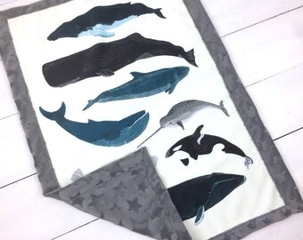 Manta de bebé Minky con diseño de ballenas: decoración oceánica para habitación infantil (envío rápido)