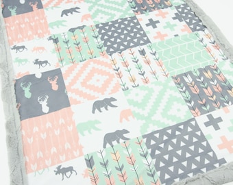 Woodland Southwestern Minky Patchwork Blanket | Peach, Gray, & Mint | 6 sizes: baby, kid, teen, adult