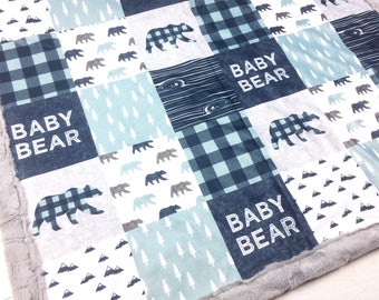 Woodland Minky Blanket | BABY BEAR | Blue Buffalo Plaid Bear | Add an Embroidered Name |  6 sizes, baby, kid, teen, adult