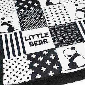 READY TO SHIP &quot;Little Bear&quot; Panda Blanket, Baby Panda Patchwork Blanket,Safari Nursery Decor,Neutral Baby Shower Gift,Panda Minky Patchwork