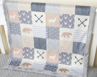 Woodland Minky Blanket: Bear, Deer Patchwork, Personalized