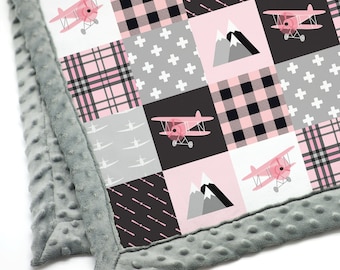 Personalized Airplane Minky Blanket | Airplane Baby Blanket | Airplane Themed Nursery Decor | Patchwork Minky | Baby Girl Gift with Name