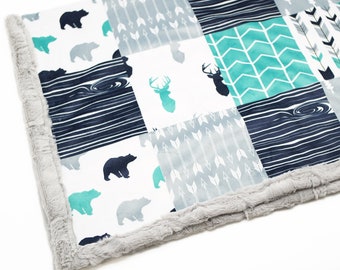 Woodland Patchwork Minky Blanket with Arrows & Buck Heads in teal navy  (6 sizes: baby, kid, teen, adult)