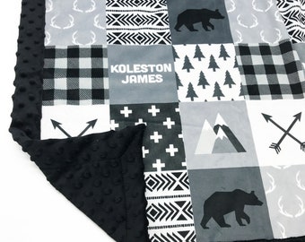 Minky Blanket | Woodland Patchwork | Bear | Black & White Baby Shower Gift | Nursery Decor| Baby to Adult sizes