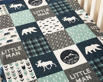 Woodland Patchwork Minky Blanket | LITTLE MAN | Moose & Bear | Navy Teal | "Let's lie under the stars" | 6 sizes, baby, kid, teen, adult