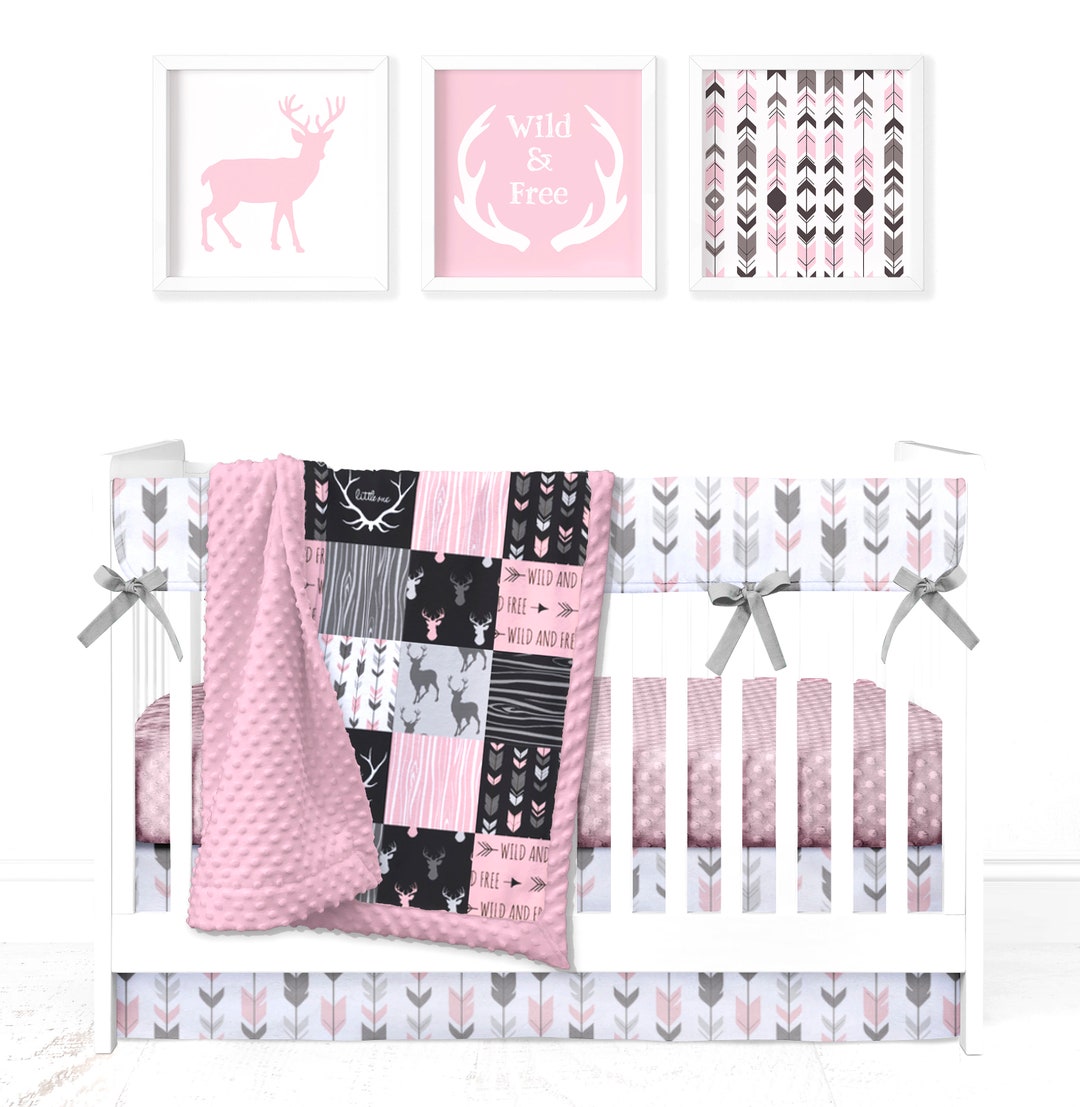 Custom Minky Crib Set Woodland Patchwork With Deer and Antlers in Pink
