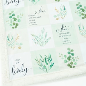 Bible Proverbs Minky Baby Blanket | Eucalyptus New Baby Patchwork | Proverb Nursery Decor Girl | &quot;Isn&#39;t she lovely&quot;