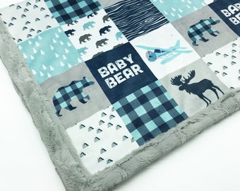 Minky Blanket | Woodland Patchwork | Plaid Bear, Moose | Blue Baby Shower Gift | Nursery Decor| Baby to Adult sizes