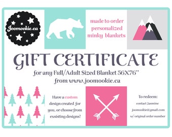 Gift Card for FULL/ADULT/TEEN sized (56x76’’) minky blanket, E gift certificate, last minute gift, personalized