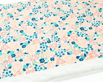 Minky Blanket | Floral Blooms |  Peach, Teal | Add an Embroidered Name | 6 sizes: baby, kid, teen, adult