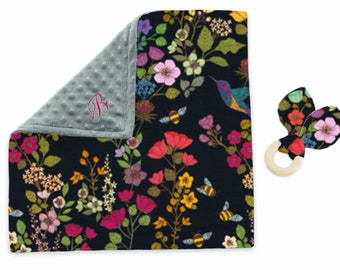 Minky Blanket | Hummingbird Flower Garden| Black | Add Embroidered Name | baby, kid, teen, adult sizes
