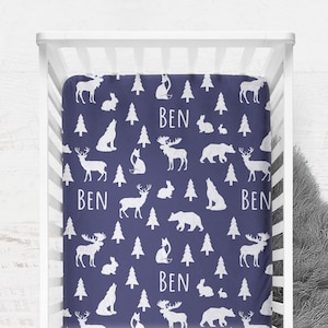Personalized Fitted Crib Sheet, Woodland Animals Crib Sheet for Boy, Woodland Nursery Decor, Changing Pad Cover, Woodland Baby Gift