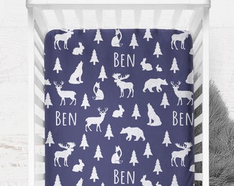 Personalized Fitted Crib Sheet, Woodland Animals Crib Sheet for Boy, Woodland Nursery Decor, Changing Pad Cover, Woodland Baby Gift