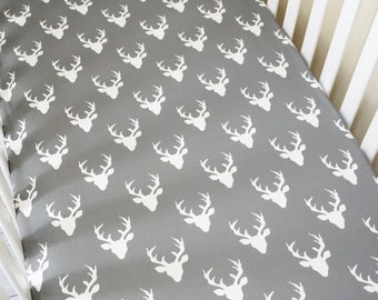 Personalized Fitted Crib Sheet, Stag Head Crib Sheet, Woodland Deer Nursery Decor, Changing Pad Cover, Woodland Baby Gift