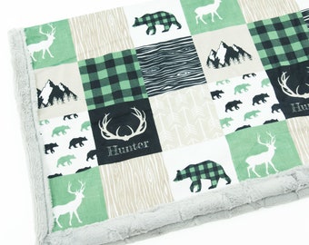 Minky Blanket | Woodland Patchwork | Antlers | Tan, Sage Baby Shower Gift | Nursery Decor| Baby to Adult sizes