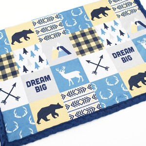 Minky Blanket | Woodland Patchwork | Bear, Deer | Yellow Blue Baby Shower Gift | Nursery Decor| Baby to Adult sizes